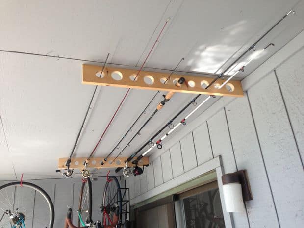 Garage ceiling fishing rod storage