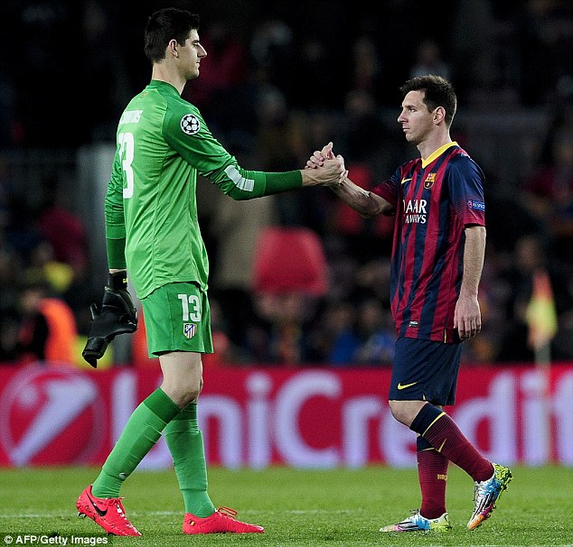 Unbeatable: Thibaut Courtois shakes hands with Lionel Messi after an excellent display
